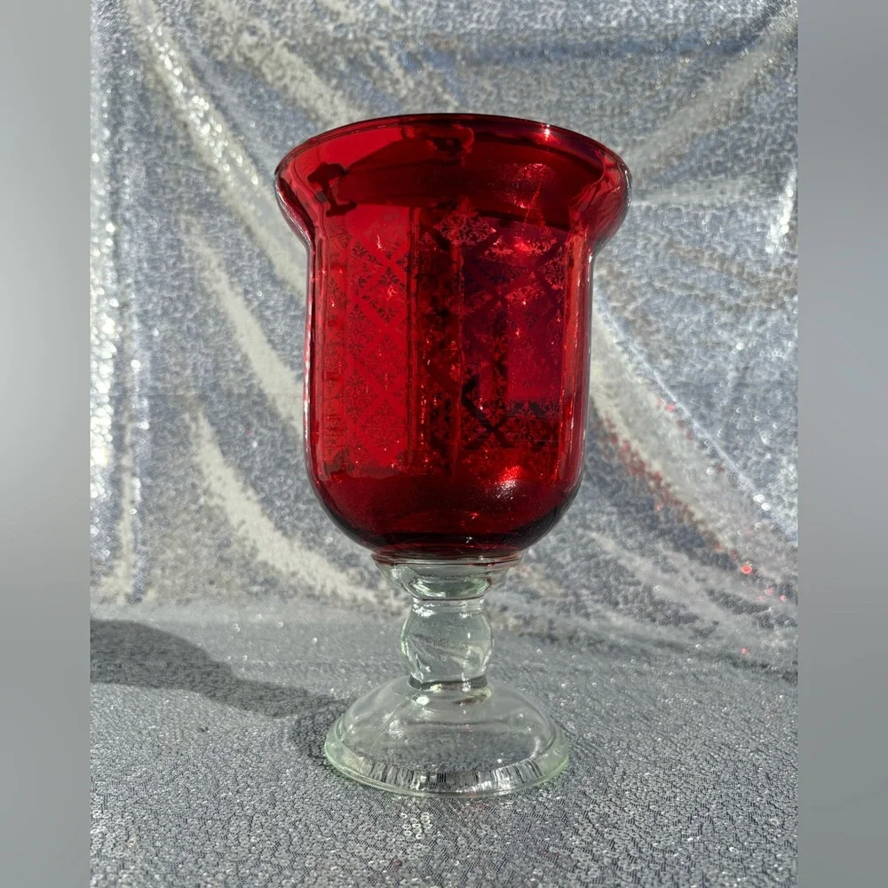Unbranded Ruby Red Glass Hurricane Candle Holder or Vase w/Clear Base Pedestal
